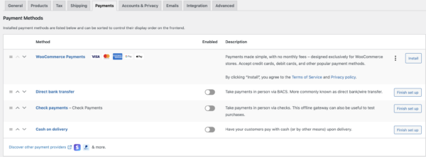 Default WooCommerce Payment Options